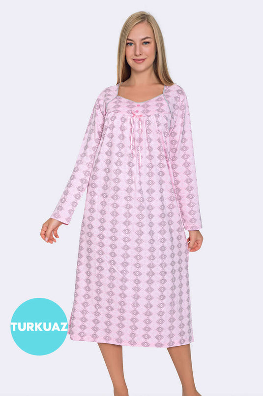 Patterned Long Sleeve Women's Nightgown Turquoise