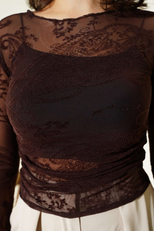 Desenli Uzun Kol Tül Bluz Acı Kahve