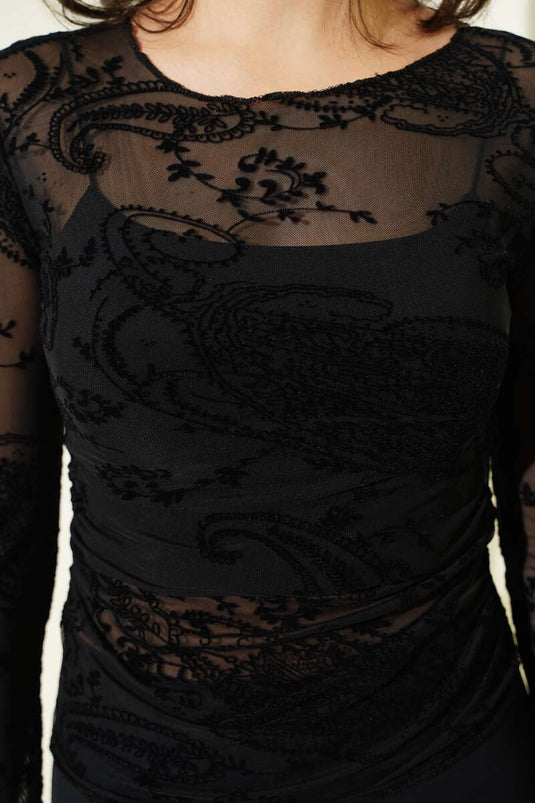 Patterned Long Sleeve Mesh Blouse Black