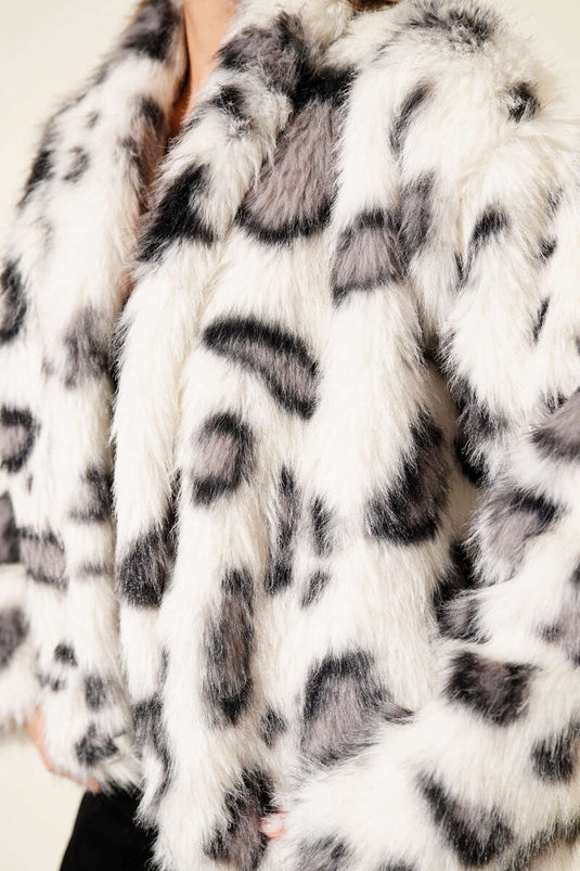 Patterned Long Fur Coat, Ecru