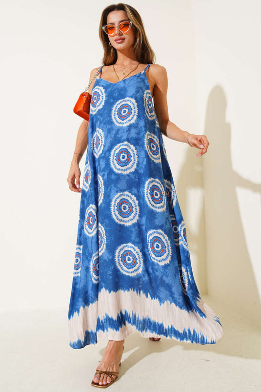 Patterned V-Neck Strappy Dress, Blue