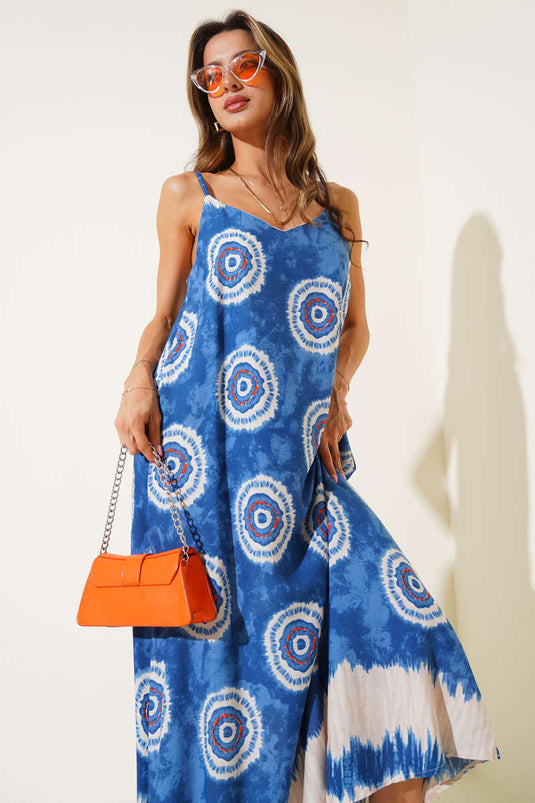 Patterned V-Neck Strappy Dress, Blue