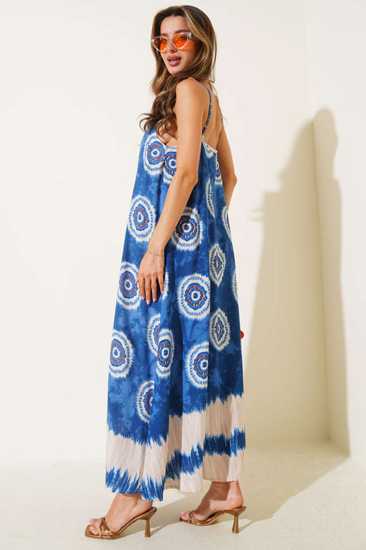 Patterned V-Neck Strappy Dress, Blue