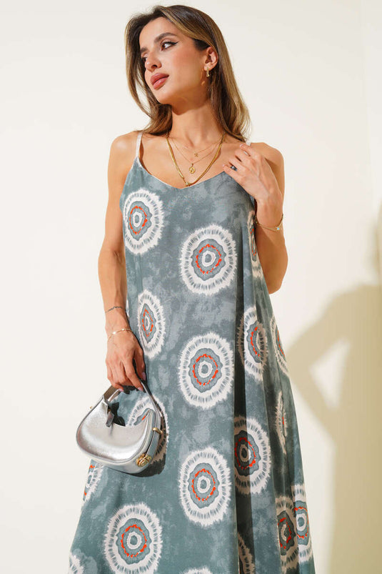 Patterned V-Neck Strappy Dress Green