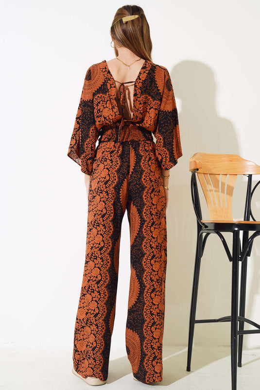 Ensemble deux pièces court à col en V à motifs beige