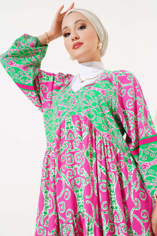 Robe Col V À Motifs Vert Fuchsia