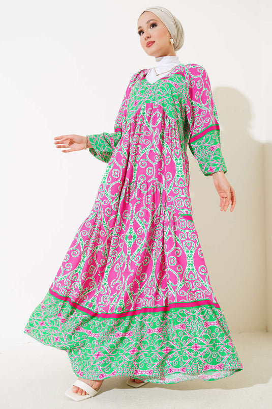 Robe Col V À Motifs Vert Fuchsia