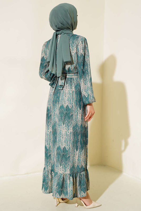 فستان من الفيسكوز منقوش باللون الأخضر الزمردي