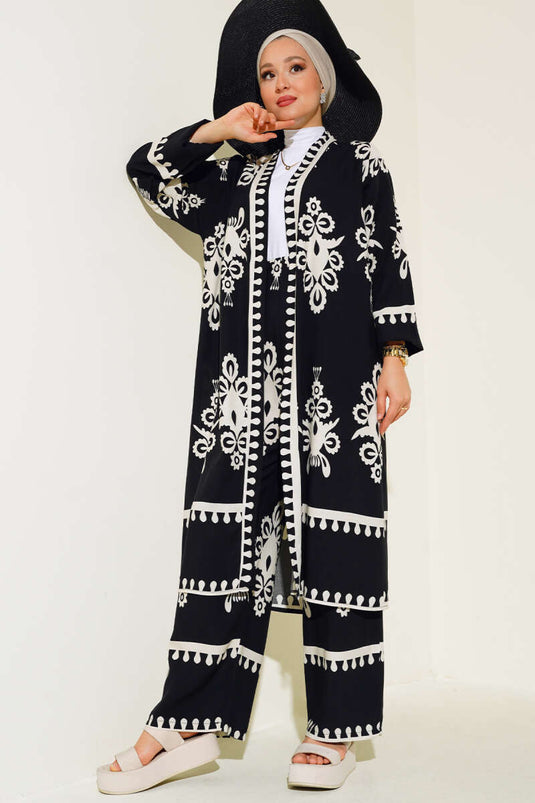 Ensemble double kimono en viscose à motifs noir