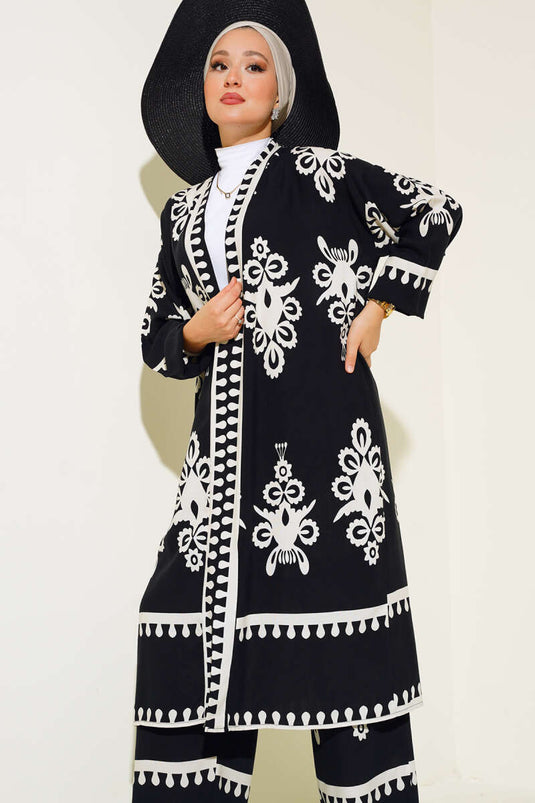 Ensemble double kimono en viscose à motifs noir