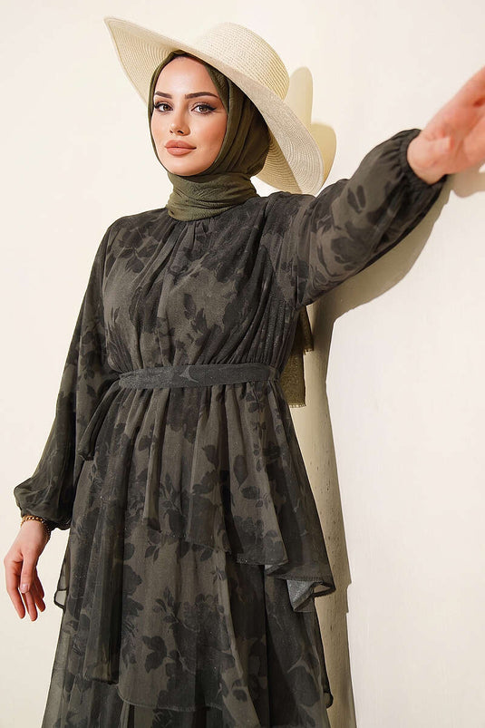 Robe à volants à ceinture imprimée kaki