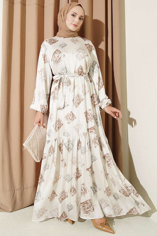 Patterned Ruffled Satin Dress Beige