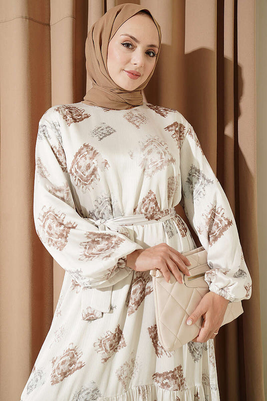 Patterned Ruffled Satin Dress Beige