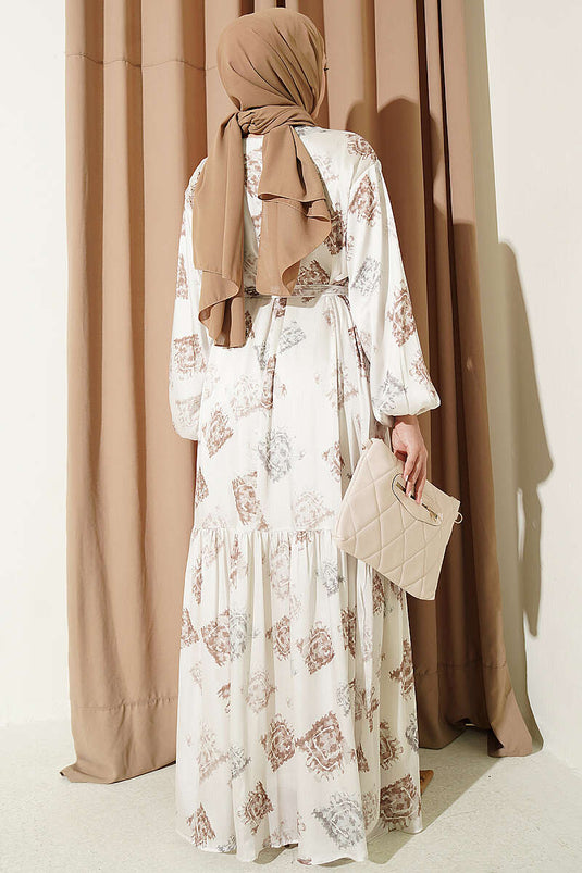 Patterned Ruffled Satin Dress Beige