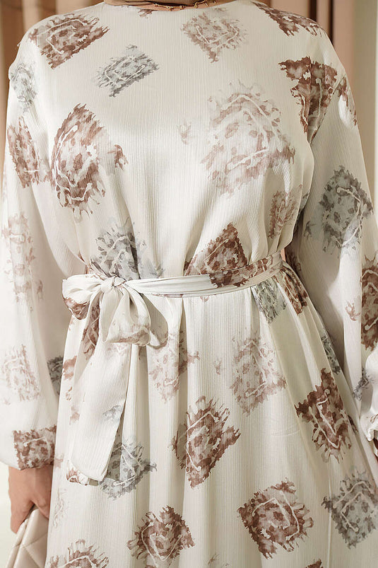 Patterned Ruffled Satin Dress Beige
