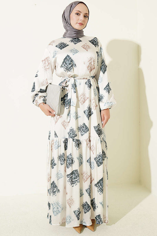 Gemustertes Rüschen-Satin-Kleid In Rauchgrau