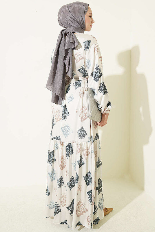 Gemustertes Rüschen-Satin-Kleid In Rauchgrau