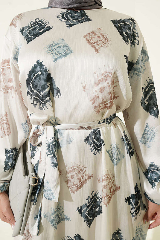 Gemustertes Rüschen-Satin-Kleid In Rauchgrau