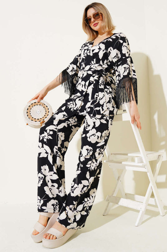 Patterned Side Tie Tassel Viscose Two Piece Suit Black