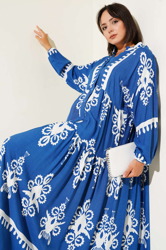 فستان منقوش بأزرار أمامية نصفية، نيلي