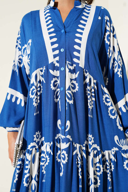 فستان منقوش بأزرار أمامية نصفية، نيلي