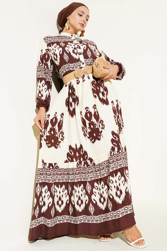 Patterned Half Button Detailed Dress Brown