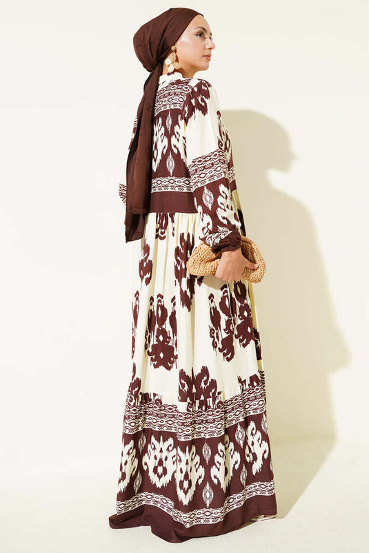 Patterned Half Button Detailed Dress Brown