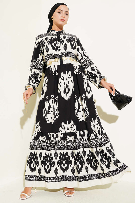 Patterned Half Button Detailed Dress Black