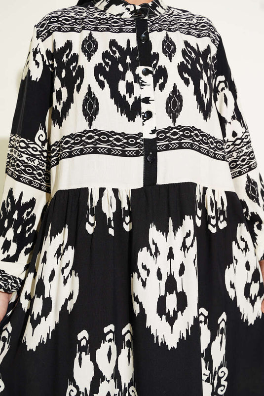 Patterned Half Button Detailed Dress Black