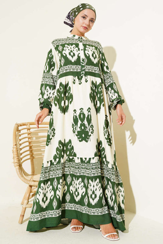 Patterned Half Button Detailed Dress Green