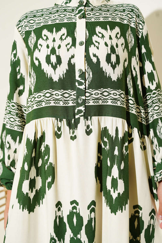 Patterned Half Button Detailed Dress Green