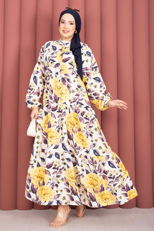 Patterned Half-Button Viscose Dress Yellow