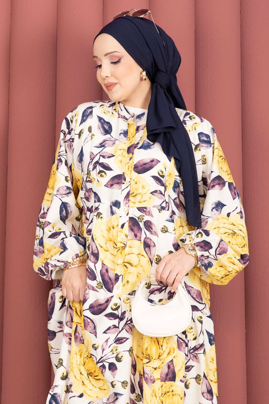 Patterned Half-Button Viscose Dress Yellow