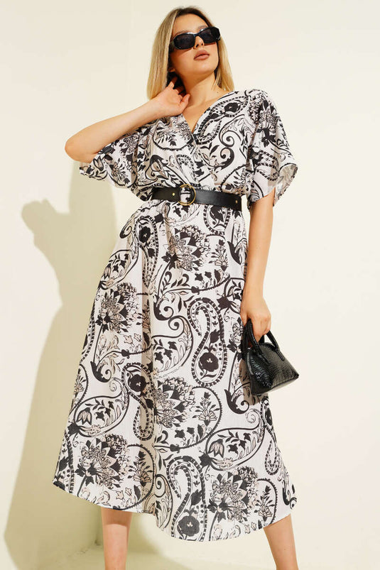 Patterned Half-Sleeve Belted Dress Black