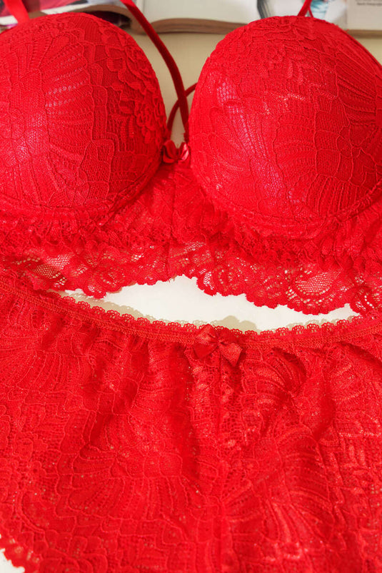 Supportive Cross-Strap Bralette Bra Set Red