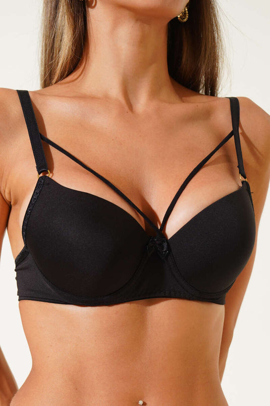 Padded Cross Strap Ribbon Micro Bra Black