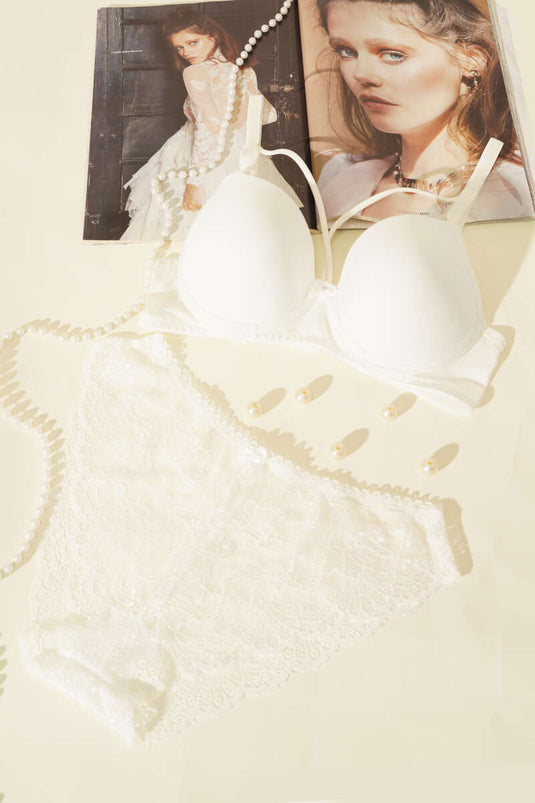 Supportive Cross-Strapped Ribbon Micro Bra Set, Ecru