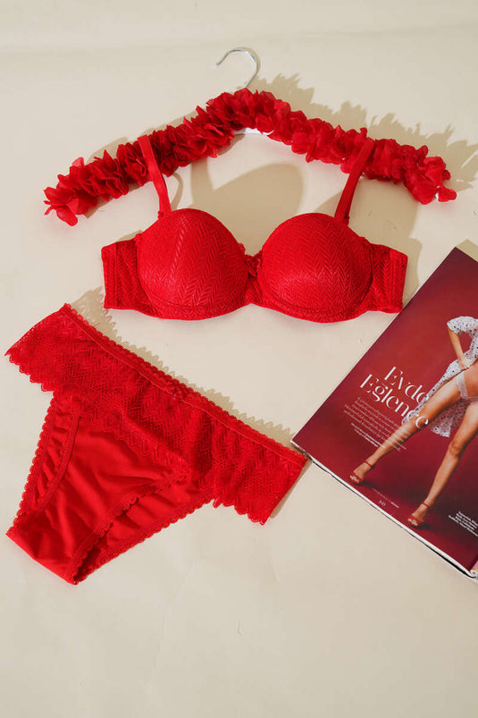 Destekli Dantelli Straplez Sütyen Takım Kırmızı