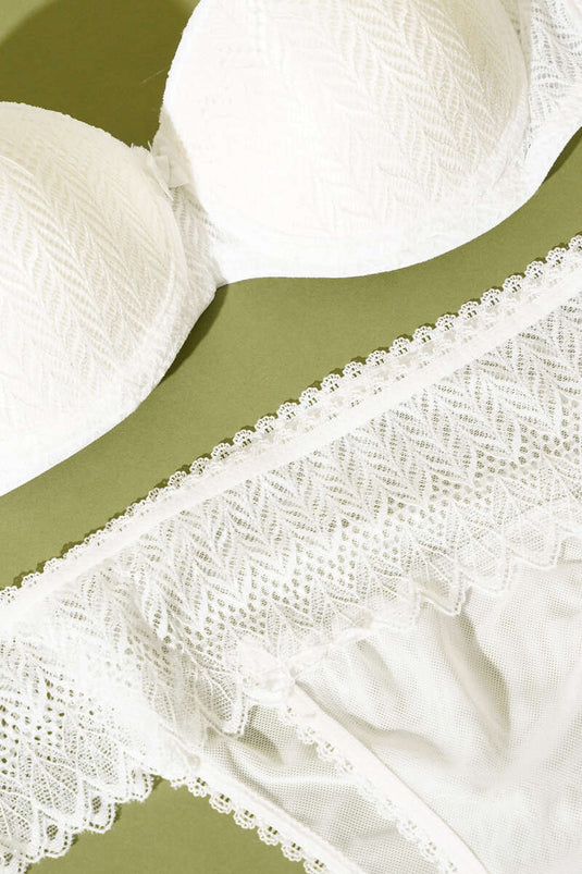 طقم حمالة صدر مبطنة من الدانتيل بدون حمالات - بيج فاتح