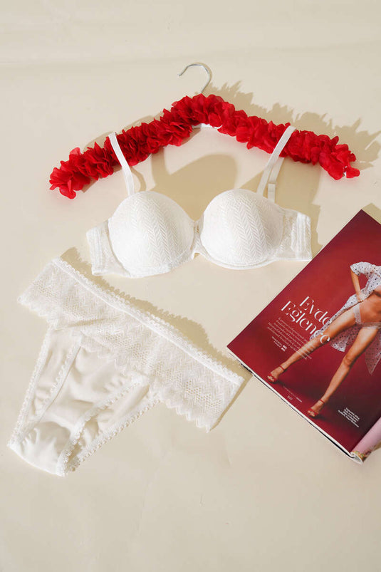 Destekli Dantelli Straplez Sütyen Takım Ekru