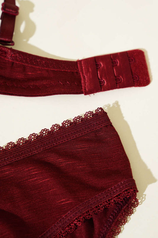 Destekli Kendinden Desenli Sütyen Takım Mürdüm