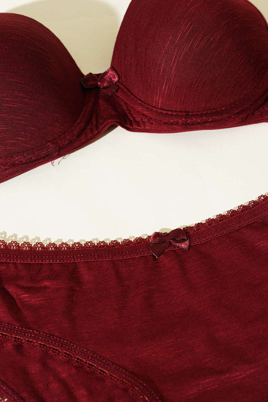 طقم حمالة صدر بدون بطانة منقوش ذاتي اللون أرجواني غامق