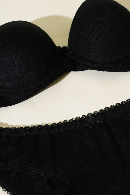 طقم حمالة صدر بدون بطانة منقوش ذاتي اللون أسود