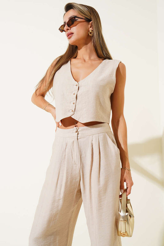 Ärmelloses, geknöpftes Westen-Zweiteiler-Set, Beige