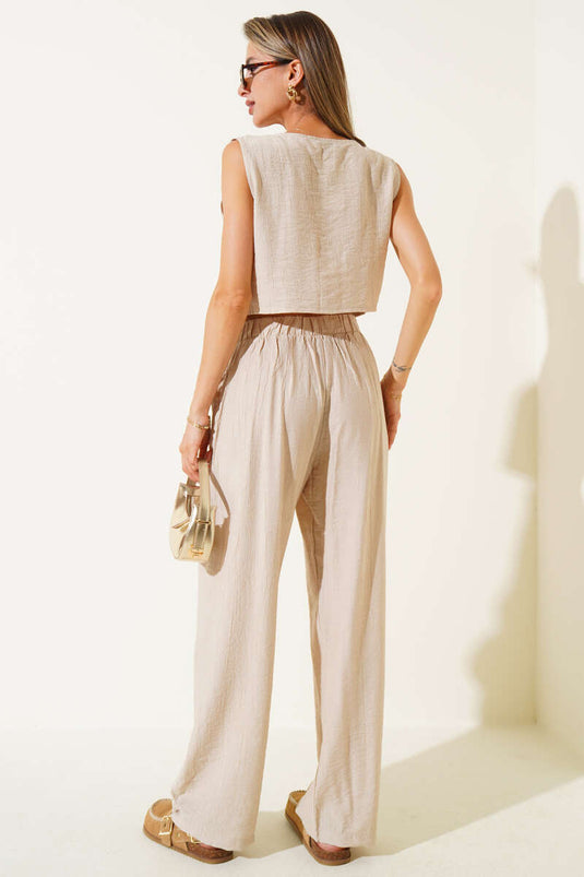 Ärmelloses, geknöpftes Westen-Zweiteiler-Set, Beige