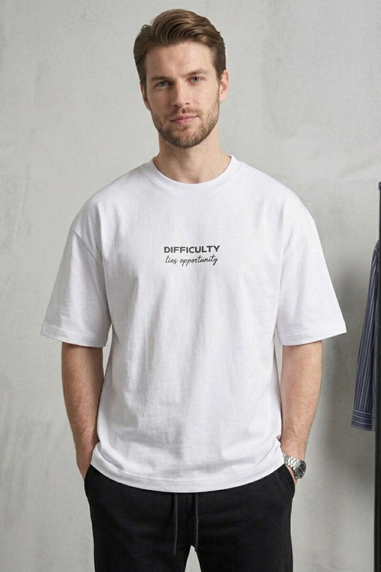 Difficulty Front and Back Printed Oversize Men's T-shirt White