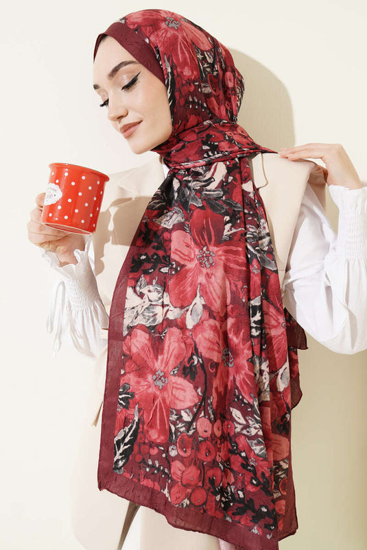 Dijital Baskılı Floral Bambu Şal Bordo