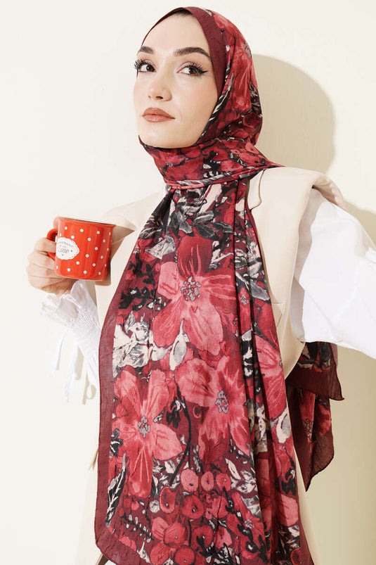 Dijital Baskılı Floral Bambu Şal Bordo