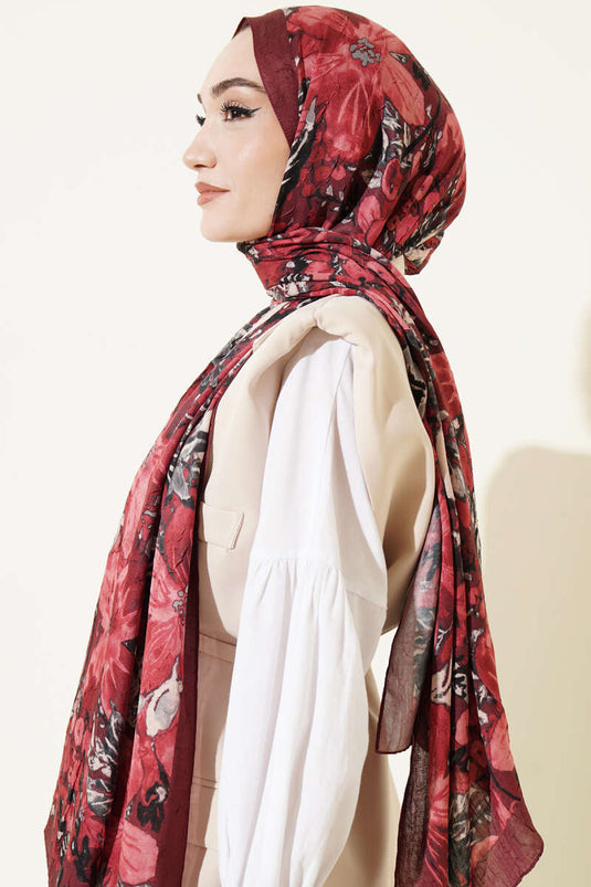 Dijital Baskılı Floral Bambu Şal Bordo