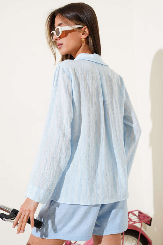 Vertical Striped Cuffless Short Shirt Blue
